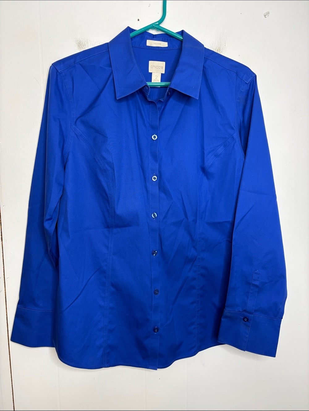 Chicos Shirt Womens Extra Large No Iron Cobalt Button Up Work Office Career